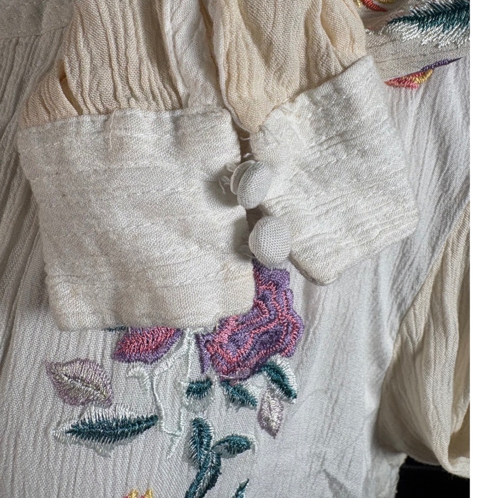 Free People Cream Embroidered Boho Tunic Dress Floral Babydoll Long Sleeve M - Picture 6 of 11